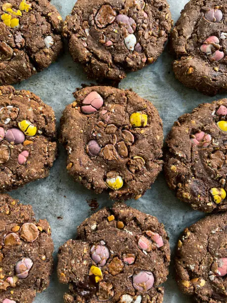 Photo of Full frame image of rows, freshly baked, homemade, chocolate and mini egg Easter themed cookies on greaseproof parchment paper, home baking, elevated view