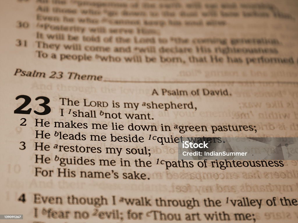 Psalm 23 Open Bible, 23 Psalm on focus. Bible Stock Photo
