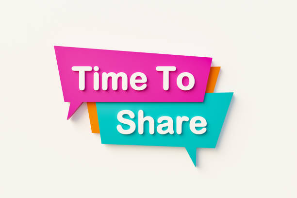 istock Time to share. Speech bubble in orange, blue, purple and white text. 1390914548
