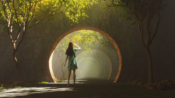istock Woman standing in front of ancient shrine 1390917531