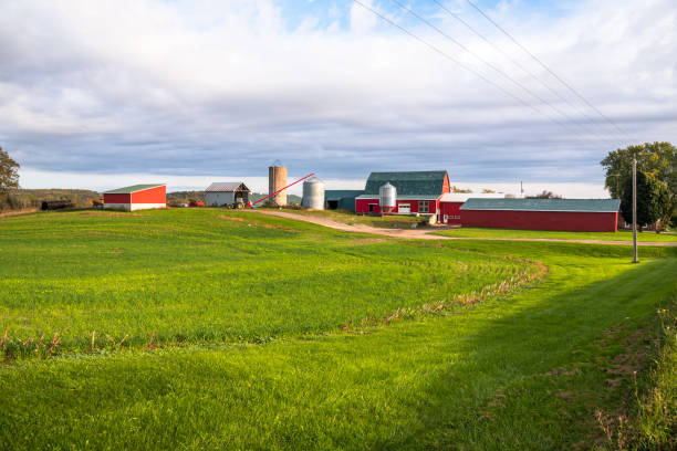 istock Traditional American farm under partly cloudy sky at sunset 1390918429