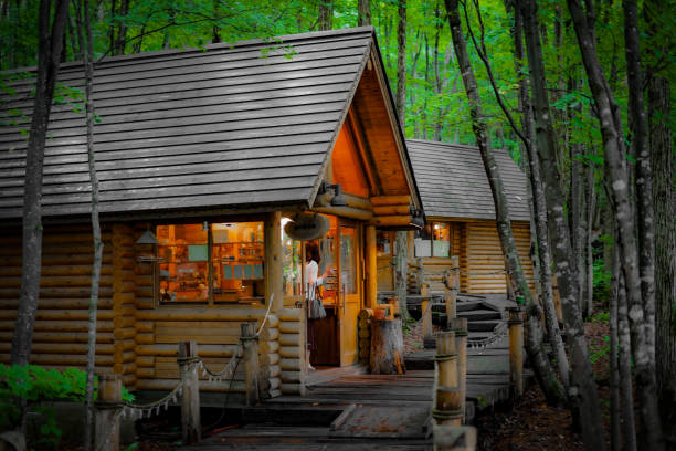 Image of Lodge standing in the forest. Shooting Location: Hokkaido Furano