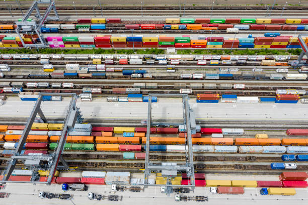 istock Aerial View of Rail Yard, Cargo Containers 1390921499
