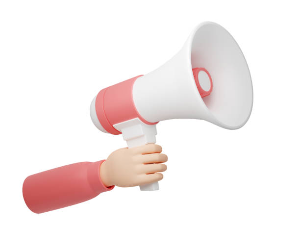 istock loudspeaker 3D render - human hand holding pink and white megaphone for text for announcement or advertising message. 1390921789