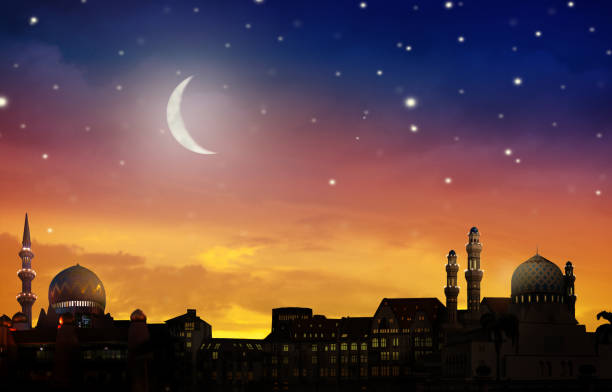 Ramadan Kareem greeting. Islamic city with mosque skyline, crescent moon and stars. End of fasting. Hari Raya card. Eid al-Fitr. Breaking of holy fast day. Muslim holiday. Arab night sky.