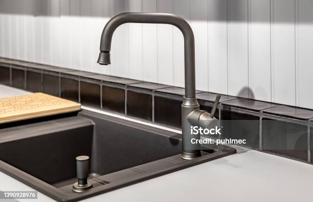 Steel Faucet In The Kitchen In The Interior Stock Photo - Download Image Now - Appliance, Backgrounds, Blank
