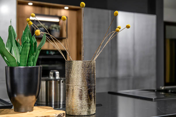 vase décoratif brillant à l’intérieur d’une cuisine moderne. - restaurant vehicle interior luxury indoors photos et images de collection