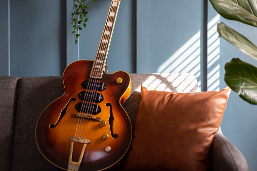 Vintage archtop jazz guitar on a sofa in natural light