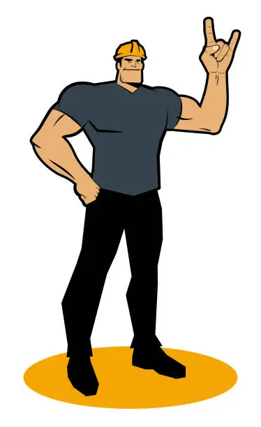 Vector illustration of A strong worker with a hard hat smiles with one fist on his hip and gestures the Rock And Roll Hand Sign (the sign of the horns)