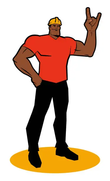 Vector illustration of A strong worker with a hard hat smiles with one fist on his hip and gestures the Rock And Roll Hand Sign (the sign of the horns)