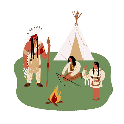 Native American lifestyle scene. Indian tent or wigwam teepee, a headman or leader, his son and daughter wearing ethnic costumes playing and learning nearby. Wild West, Indigenous people of America.