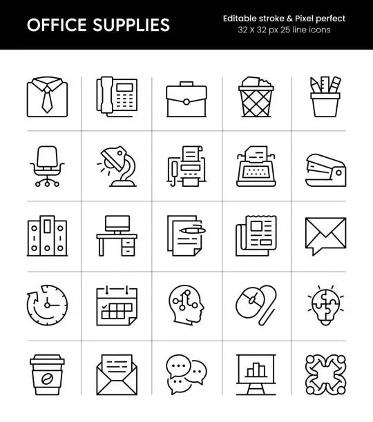 Vector illustration of Office Supplies Editable Stroke Line Icons