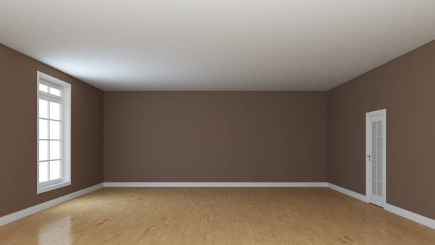 istock Unfurnished Interior. Empty Room with Brown Stucco Walls, Light Glossy Parquet 1390936170