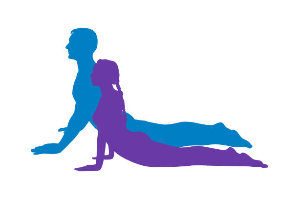 ilustraciones, imágenes clip art, dibujos animados e iconos de stock de postura de cobra de yoga o bhujangasana. mujer y hombre practicando postura de yoga fortalecedor. ilustración vectorial - yoga posture dog cobra