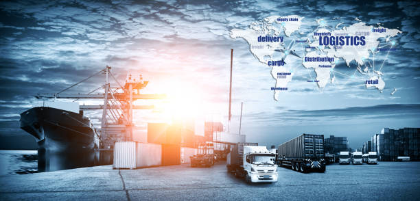 istock World map with logistic network distribution on background. Logistic and transport concept in front Logistics Industrial Container Cargo freight ship for Concept of fast or instant shipping, Online goods orders worldwide 1390938602