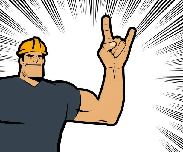 Vector illustration of A strong worker with a hard hat smiles and gestures the Rock And Roll Hand Sign (the sign of the horns), with comics effects lines in the background