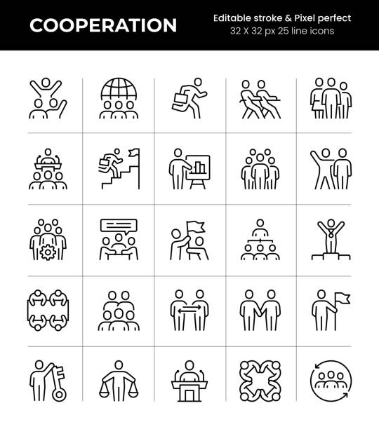 ilustraciones, imágenes clip art, dibujos animados e iconos de stock de cooperación iconos de línea de trazo editable - planning leadership togetherness connection