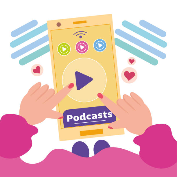 istock Streaming service concept girl listening to a podcast on a cellphone Vector 1390950206