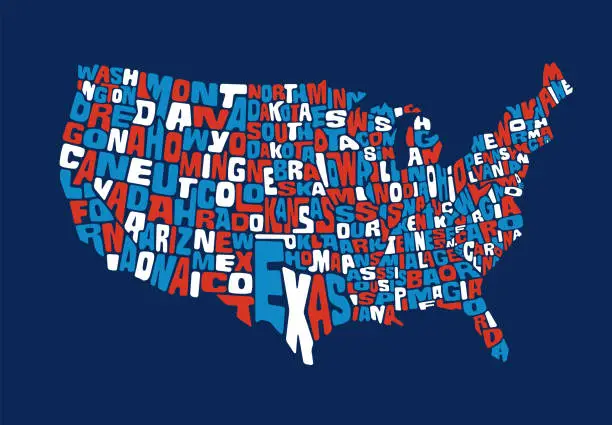 Vector illustration of United States map with names in the shape of each state. Red white and blue map design