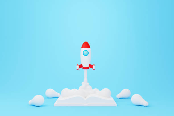 istock Creative thinking ideas and innovation concept. Rocket flying from the book spewing smoke on blue background. 3d render illustration 1390951577