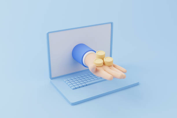 istock Gold coins stacking on hand and computer laptop on blue background. Fintech finance innovation technology. Cryptocurrency blockchain. 3d render illustration 1390951579