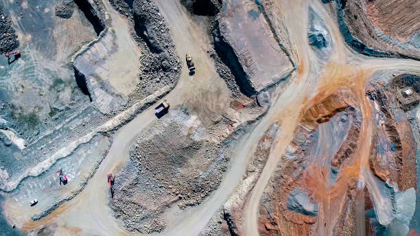 aerial footage of a gravel quarry - mina imagens e fotografias de stock