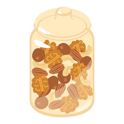 Glass jar with nuts. Walnut, almond, cashew, hazelnut. Home canning. Preparing food for the winter. Stocks in the closet. Flat style in vector illustration. Isolated element.