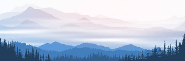 ilustrações, clipart, desenhos animados e ícones de ilustração vetorial de montanhas, vale na neblina, luz da manhã, panorâmica - national wildlife reserve illustrations