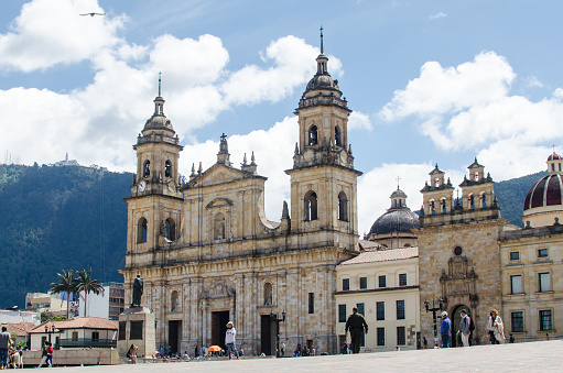 View over the Plaza Mayor or Plaza de Armas in the historic and Spanish colonial city center of Lima, Peru.