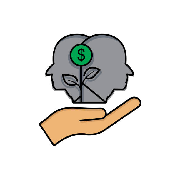 ilustrações de stock, clip art, desenhos animados e ícones de hand lineal color icon with head and dollar. business idea. idea generation process.  simple illustration mobile concept and web design. design template vector - brunt