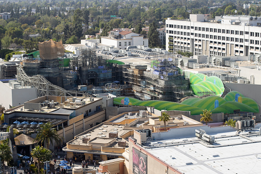 Universal City, CA, USA - Mar 21, 2022: Aerial view of the first U.S. Super Nintendo World at the Universal Studios Hollywood in Los Angeles County, California, seen under construction. The Super Nintendo World is set to open in 2023.