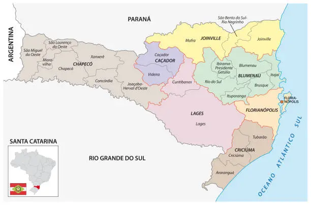 Vector illustration of Map of the central and immediate geographic regions of Santa Catarina