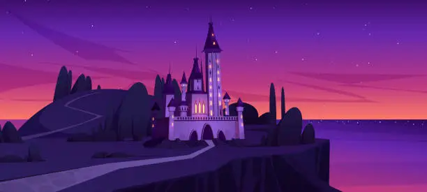 Vector illustration of Medieval castle on island in sea after sunset