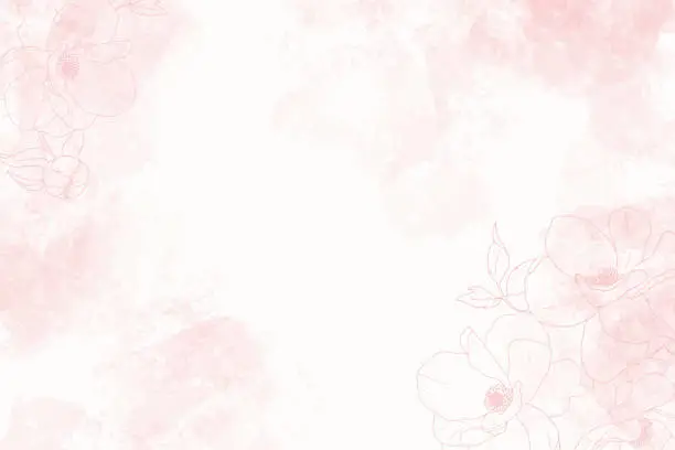 Vector illustration of pink watercolor splash background with line art poeny