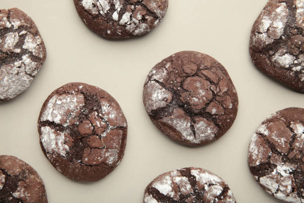 istock Soft dark chocolate brownie cookies on grey background. 1390966001