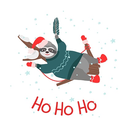 Ho ho ho, a Christmas card with a sloth on a tree and an inscription. In warm winter clothes, a sweater, mittens, felt boots. Vector illustration for design and decor, banner