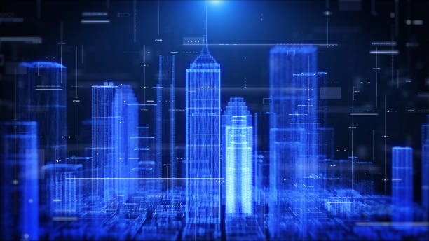 istock Blue Abstract 3D Rendering Digital Skyscraper Futuristic Metropolis Hologram Concept. Rotation Building Cyber Space Technology Connection Illustration Background. 1390967057