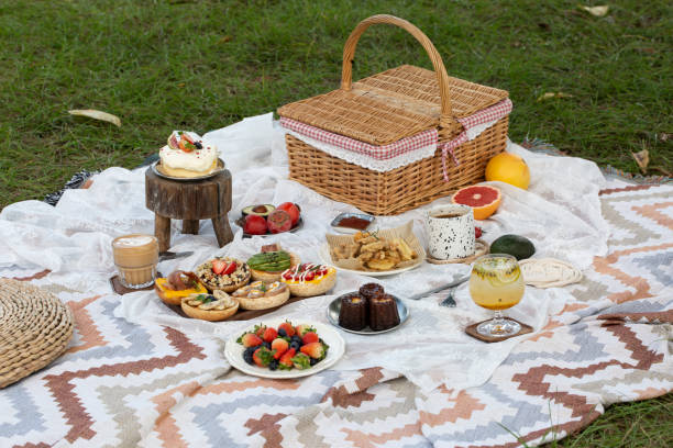 istock Outdoor camping food spread on the grass 1390967064