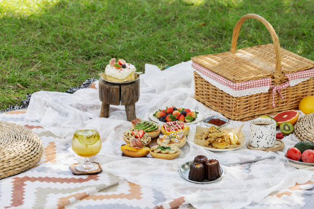 istock Outdoor camping food spread on the grass 1390967963