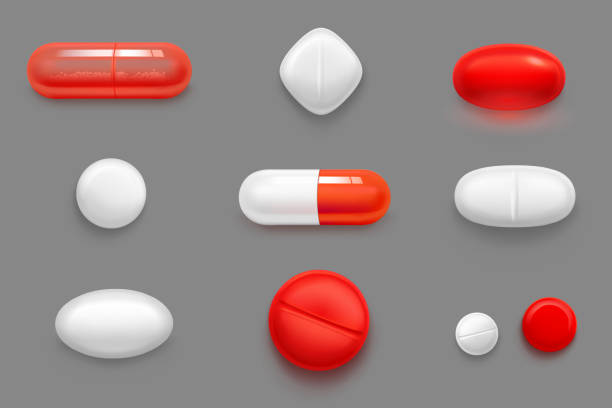 ilustraciones, imágenes clip art, dibujos animados e iconos de stock de píldoras, tabletas y medicamentos cápsulas rojas y blancas - píldora