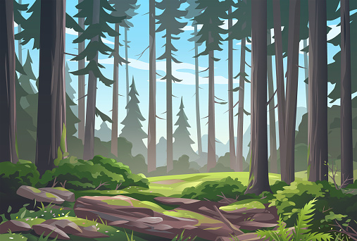 Vector illustration of a beautiful sunlit forest glade with bushes, ferns and flowers.