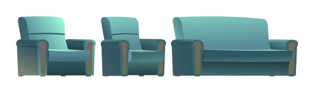 Grey blue armchair and sofa. Classic, simple upholstered furniture to sit and lie down. Set of objects isolated on white background. Side view. Vector Grey blue armchair and sofa. Classic, simple upholstered furniture to sit and lie down. Set of objects isolated on white background. Side view. Vector. couch side view stock illustrations