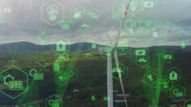 istock Wind power plant and technology. Smart grid. Renewable energy. Sustainable resources. 1390973760