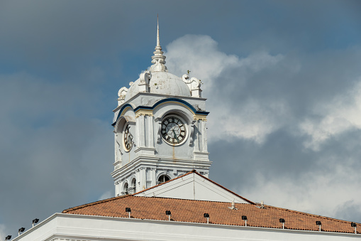 Georgetown, Penang, Malaysia - Sep 25 2020: Colonial Era Clock Tower Wisma Kastam in cloudy day.