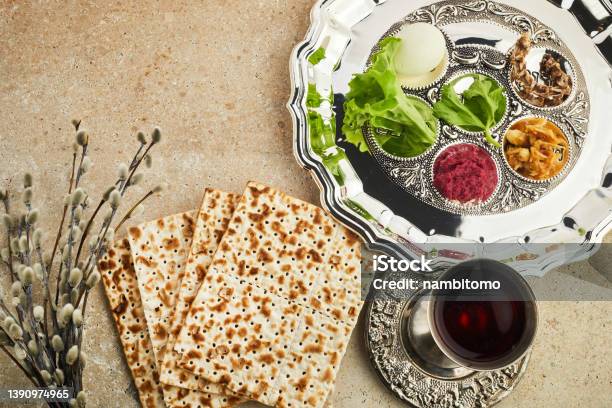 Passover Seder Plate With Traditional Food Ontravertine Stone Background Stock Photo - Download Image Now