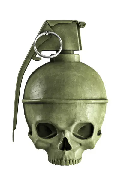 3D illustration of old worn skeleton head shaped explosive isolated on white studio background
