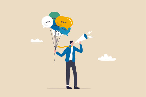 communication or pr, public relations manager to communicate company information and media, announce sales or promotion concept, businessman holding speech bubble balloons while talking on megaphone. - communication stock illustrations