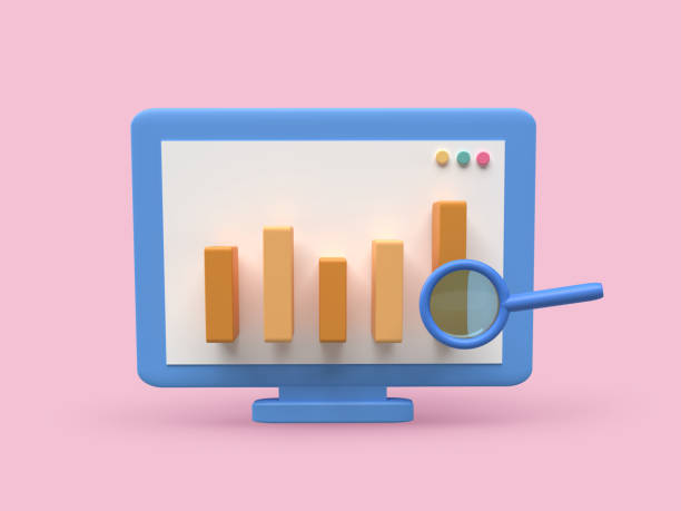 istock Bar graph growing with magnifying glass on monitor for web analytics 3d illustration 1390979320
