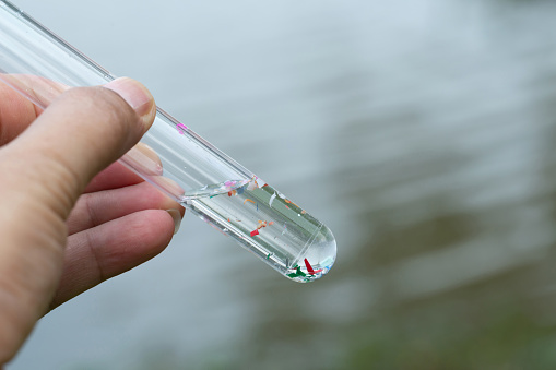Environmental pollution and water microplastic. microplastics or tiny plastic particles in a test tube with a water sample. Microplastics are contaminated in the sea. Microplastic problem.