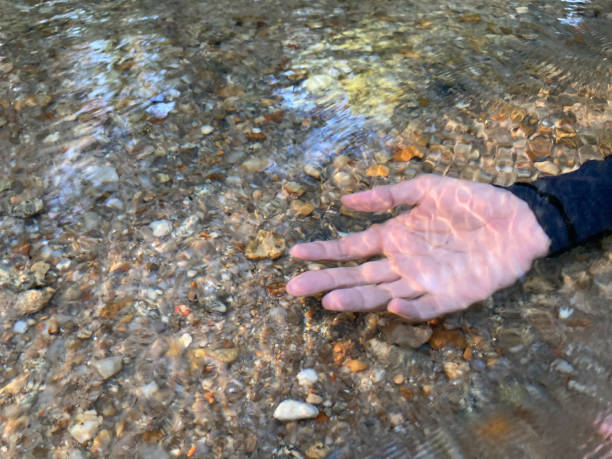 an Asian woman's hand with a black long sleeve swimming suit put in a bright crystal clear river with small brown pebbles beneath it